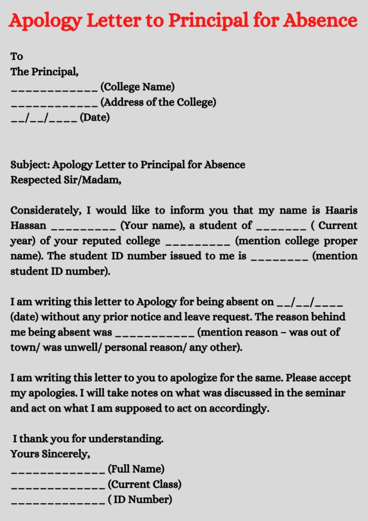 Apology Letter to Principal for Absence