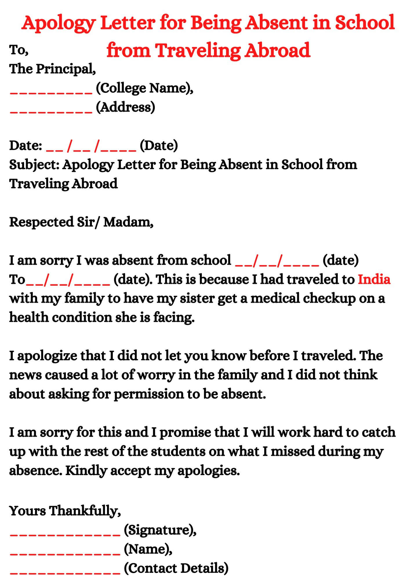 Apology Letter for Being Absent in School from Traveling Abroad