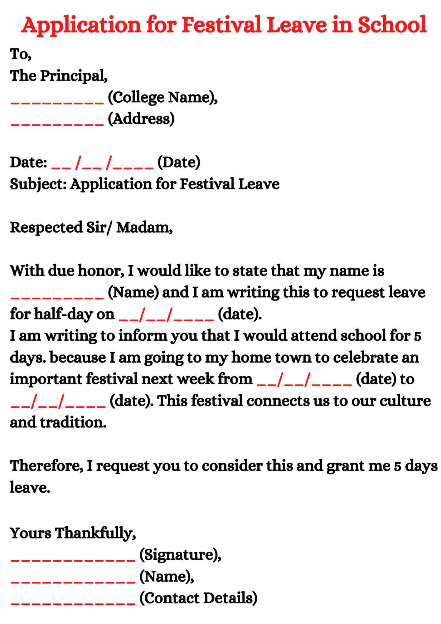 Application for Festival Leave in School