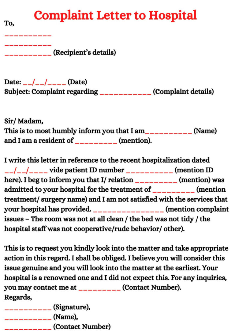 Complaint Letter to Hospital