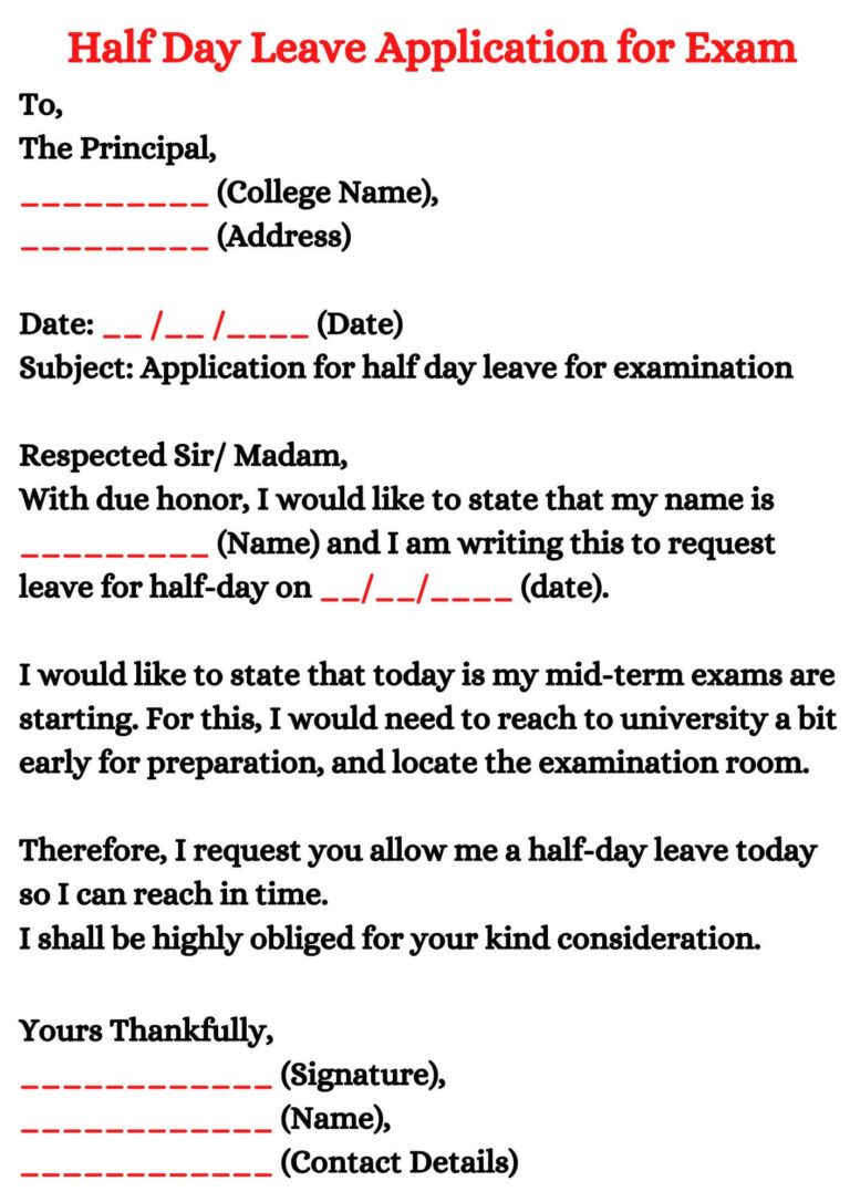 Half Day Leave Application for Exam