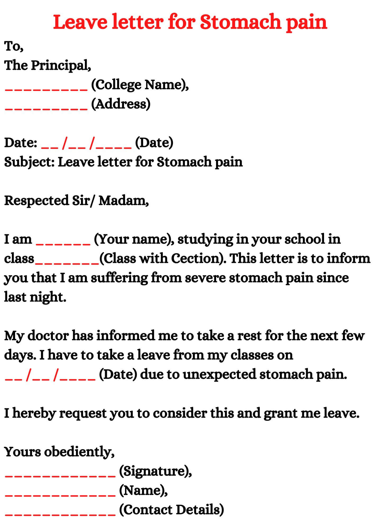 Leave letter for Stomach pain