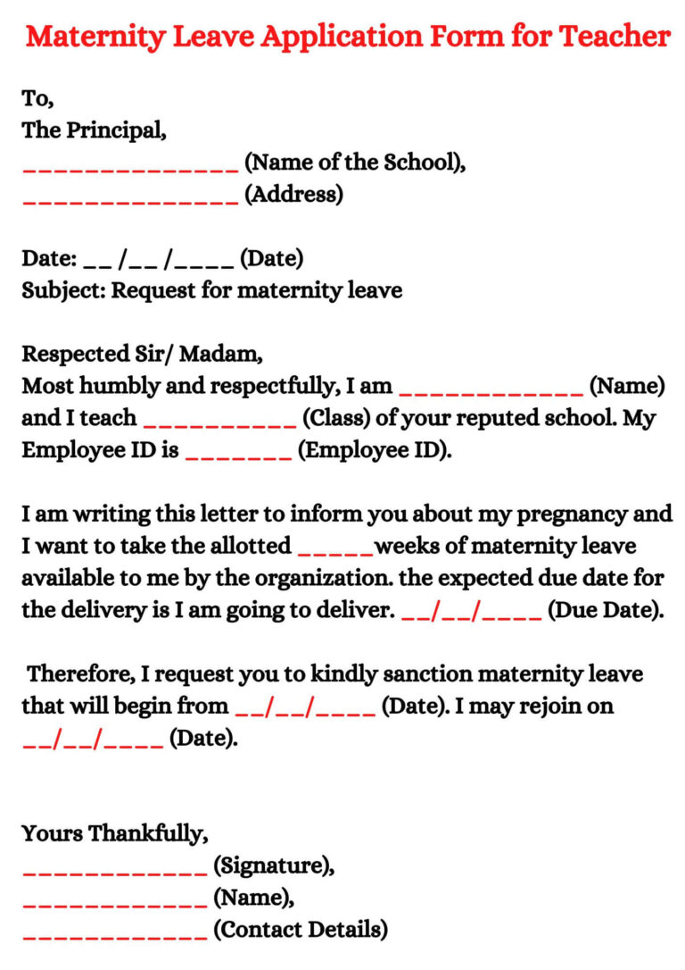 Maternity Leave Application Form for Teacher
