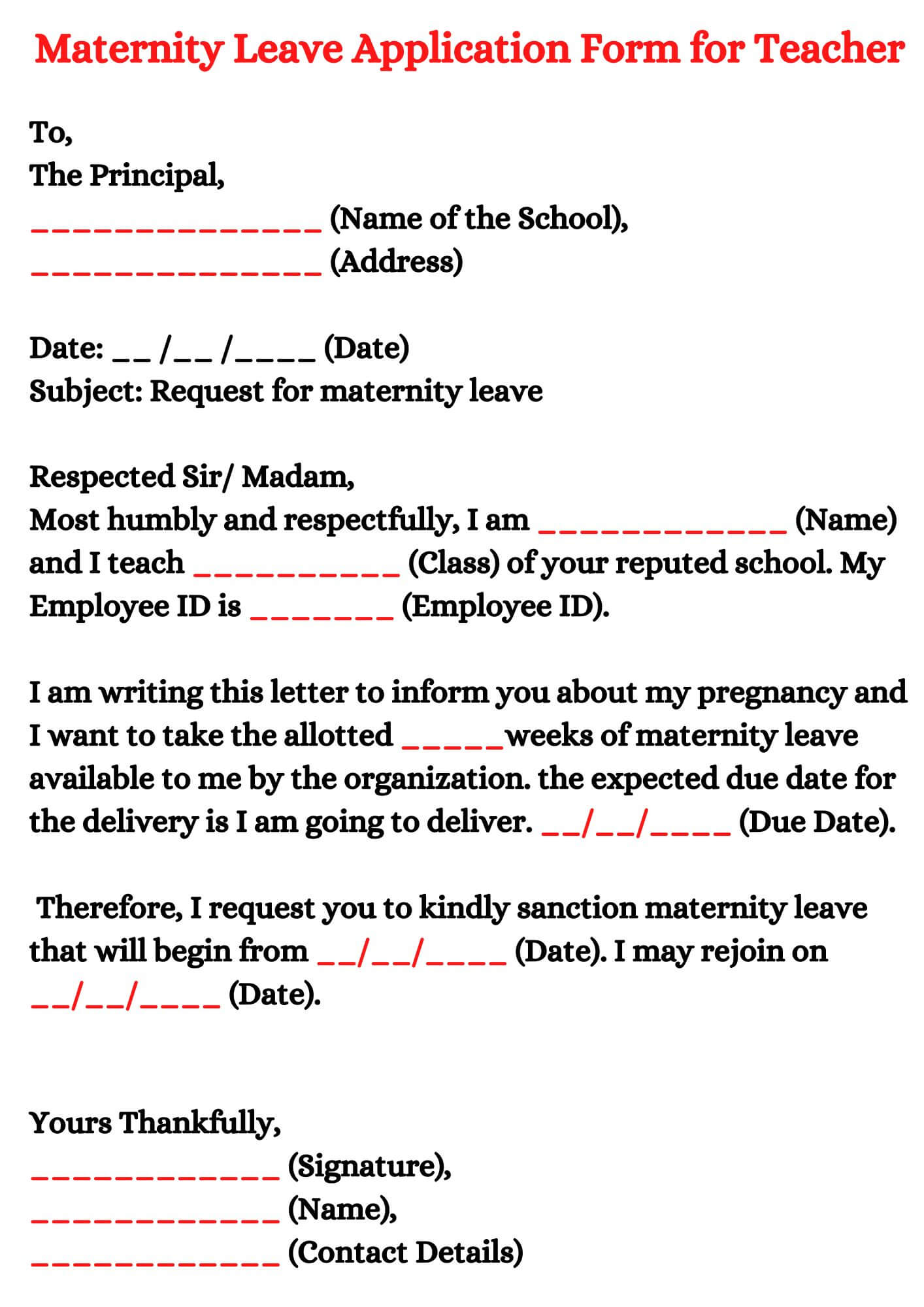 maternity leave application letter for teachers before delivery