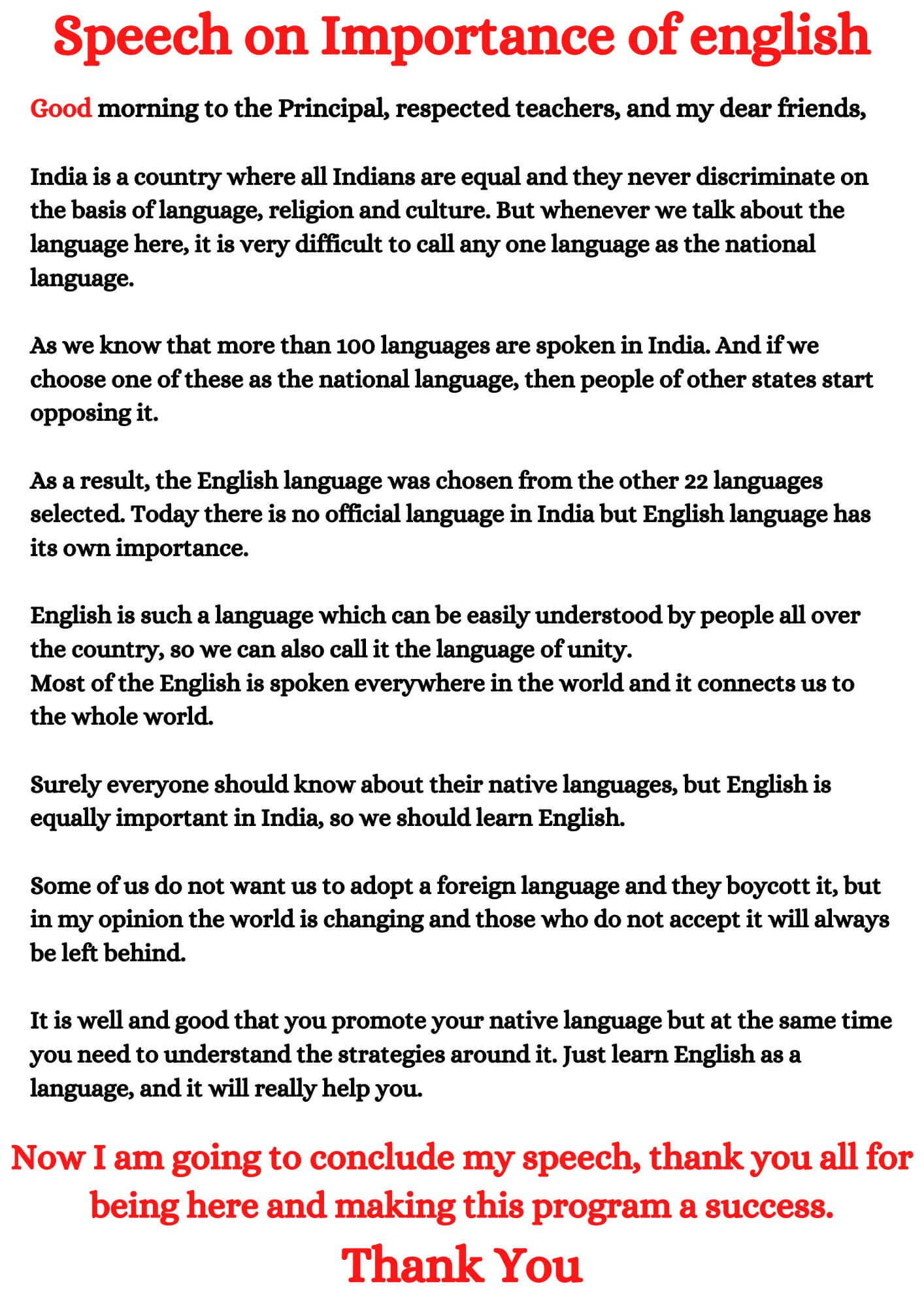 speech on english subject