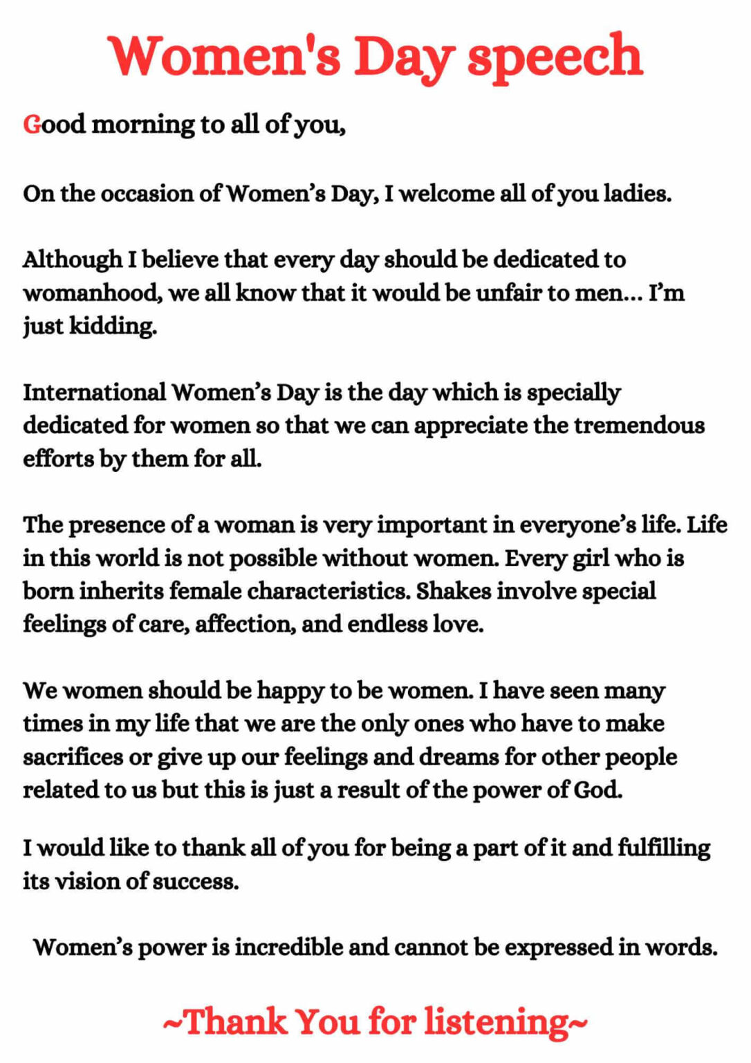 simple speech on women's day
