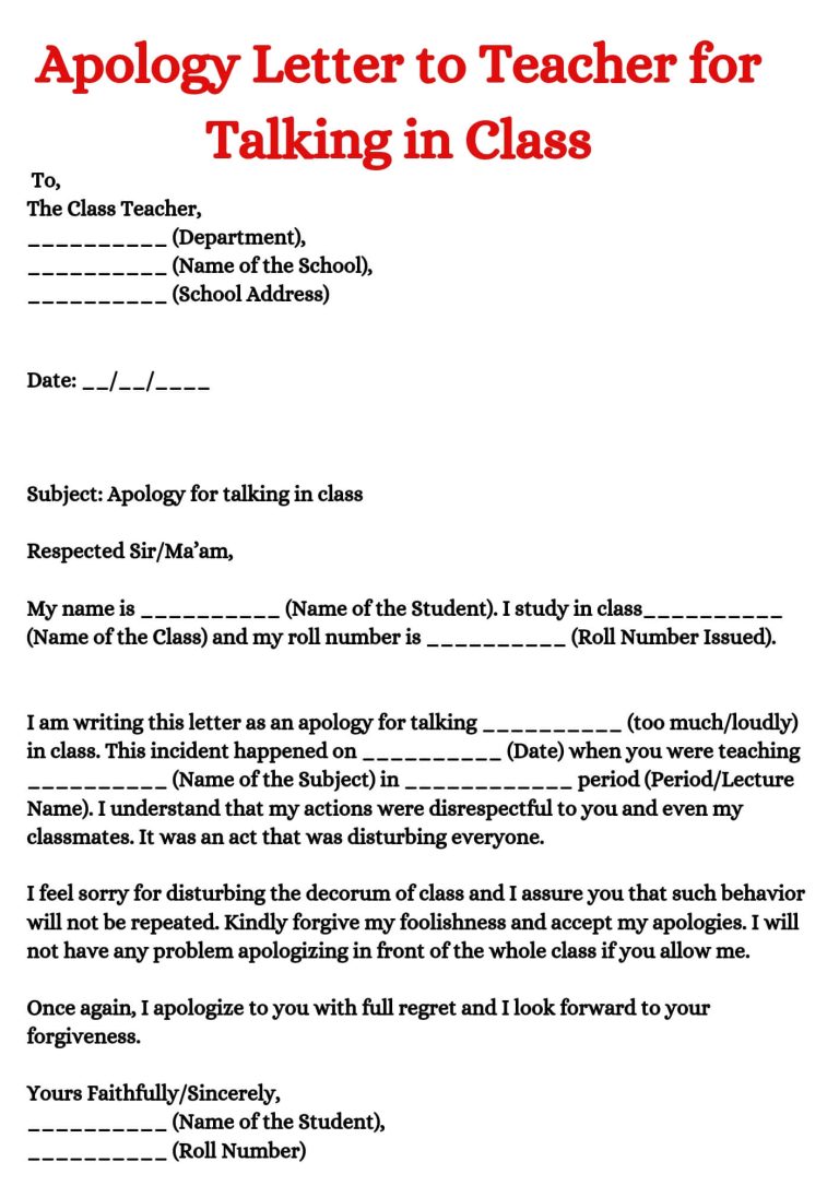 Apology Letter to Teacher for Talking in Class