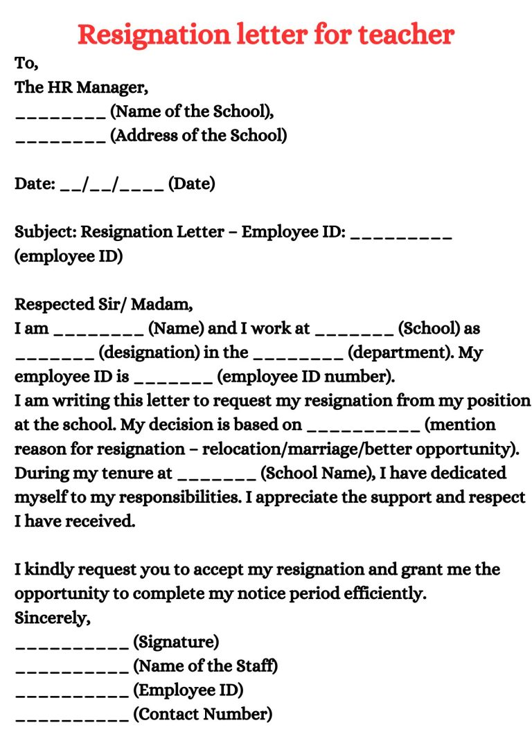 Resignation letter for teacher